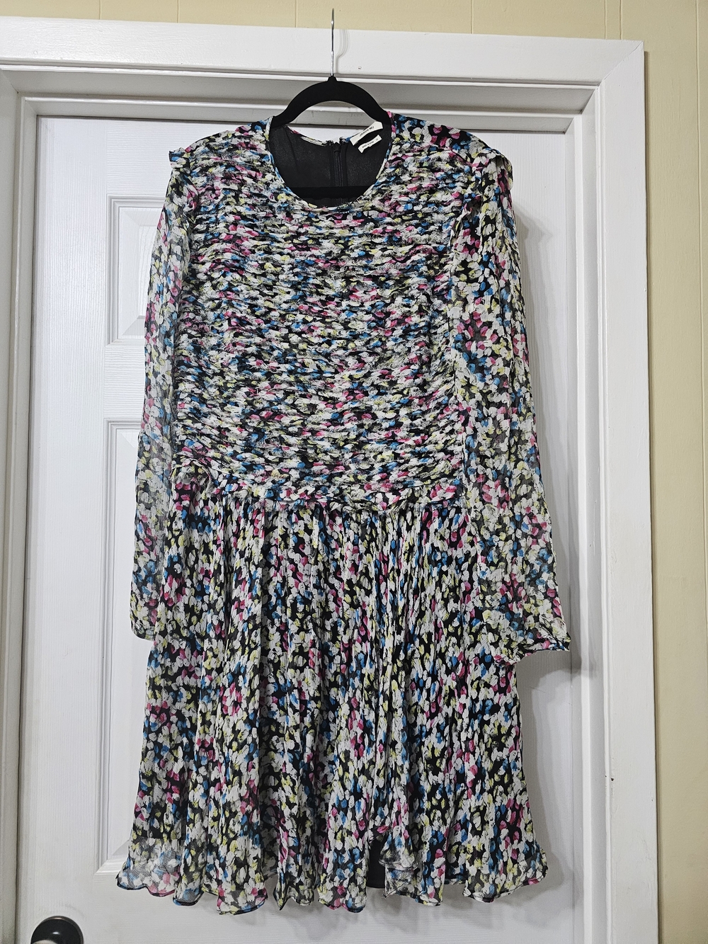 Silk Multicolor Floral Print Long Sleeve Pleated Dress